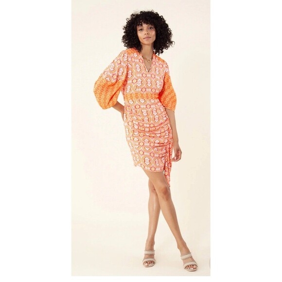 HALE BOB Draped Midi Dress Size Medium Orange Geometric Retro Colorful Fun - Picture 3 of 11